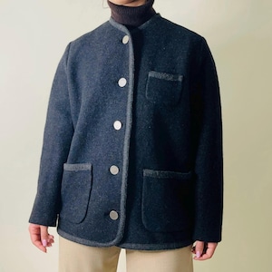 vintage thick wool jacket with round collar and patch pockets – minimalist rustic coat – size M