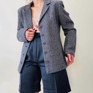 Vintage grey textured wool blazer – minimalist speckled fitted jacket – longline tailored office blazer – size M