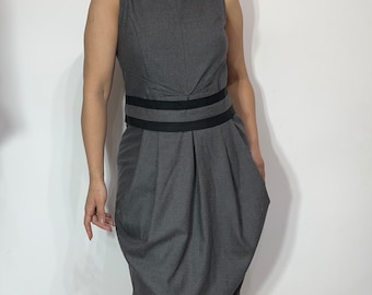Vintage Grey Wool Blend Tulip Dress, Pleated Sleeveless Midi, Size S