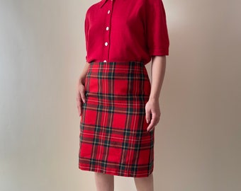 vintage wool red plaid pencil skirt, form fitted midi office skirt