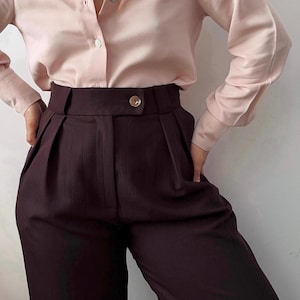 High Waisted Pleated Wool Trousers – Brown Striped Tailored Pants, Light Wool, Adjustable Inseam