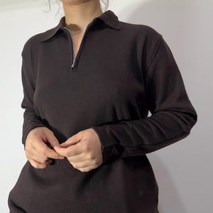 Vintage Merino Wool Half-Zip Sweater | Dark Chocolate Brown Minimalist Pullover | Relaxed Fit | Size S-M