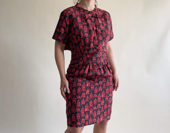 red and black two piece dress Vintage Black & Red Printed Dress With Matching Bolero – Elegant Cocktail  Two-piece Outfit M-L