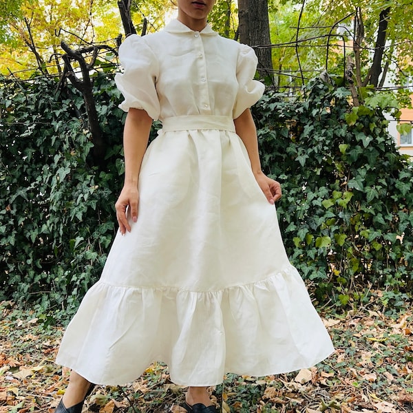 Robe crème en lin, robe midi à manches bouffantes/robe en lin crème