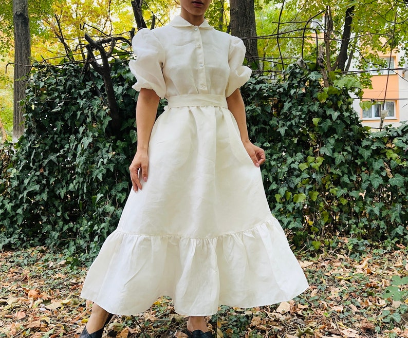 Linen cotton cottage core cream dress, puff sleeve midi dress/ cream linen dress image 1