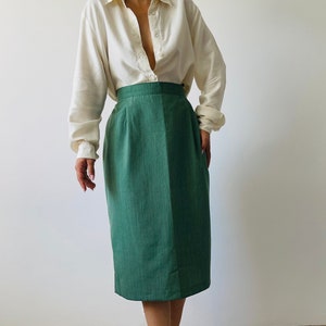 vintage wool mix green pencil skirt, office form fitted skirt