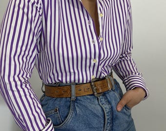 Camicia vintage in cotone a righe viola e bianche, taglie XS-S / Camicetta da ufficio aderente con bottoni