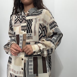 Vintage Oversized Viscose Shirt in Earth Tones – Geometric Tribal Print Blouse – Button Down Top – Size XL