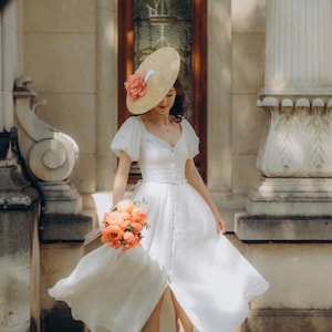 Cream silk linen princess dress with corset back,  sweetheart neckline and puff sleeves sizes xs-to 2xl