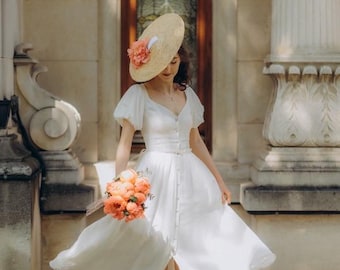 Cream silk linen princess dress with corset back,  sweetheart neckline and puff sleeves sizes xs-to 2xl