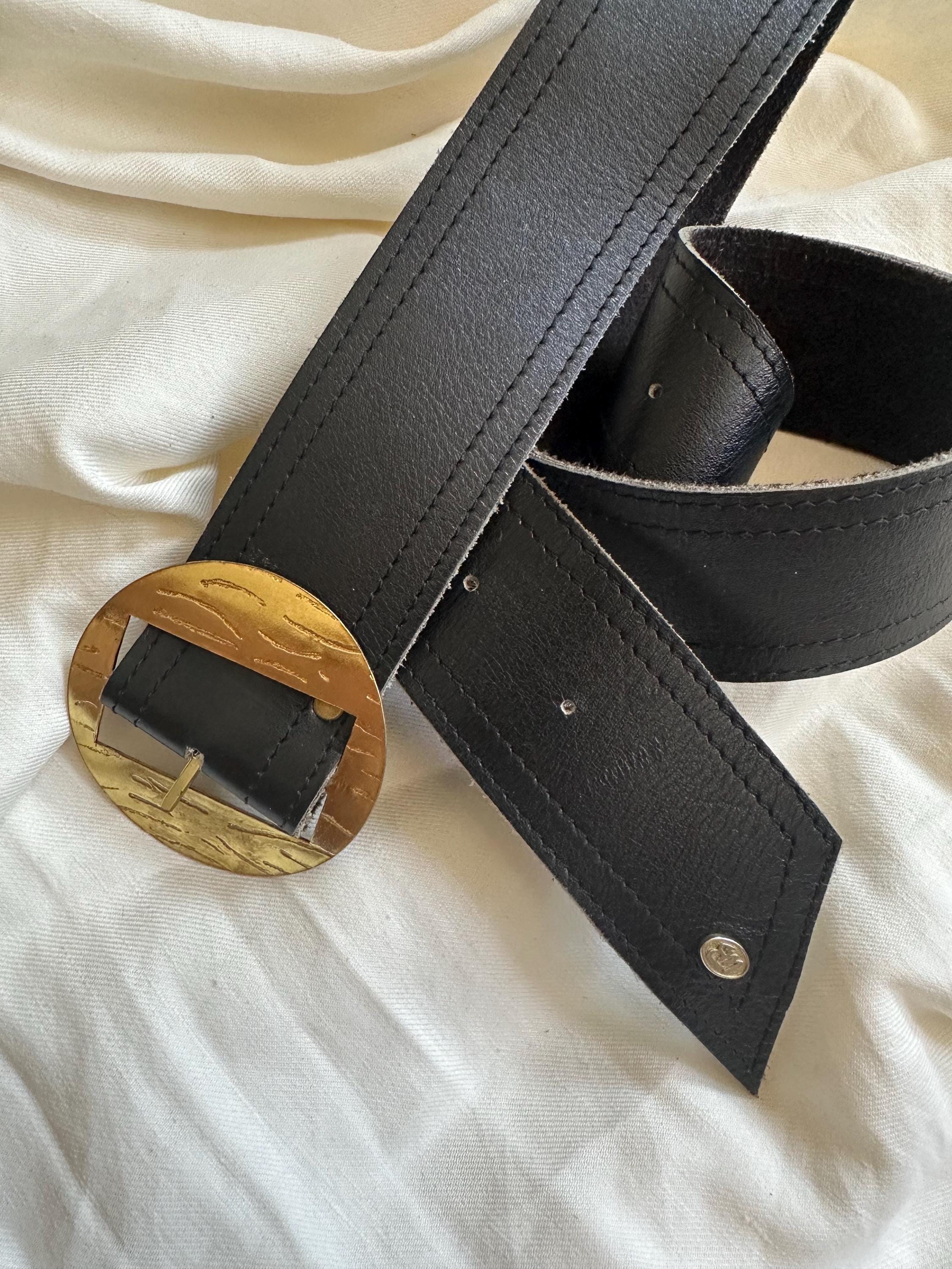 VTG 90s Harken Black Leather Belt Gold Sculptural Oversize Statement Buckle USA Vintage Harken Brown Leather Belt | Size M, Made in USA - Etsy main image 3