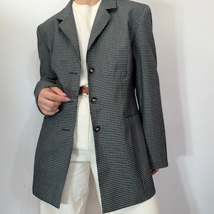 Vintage wool mix plaid blazer in black and beige – yellow detail buttons – size M-L