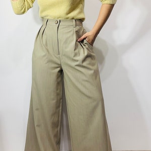 Pantalon taille haute en laine, lin et coton/ Laine, marron, beige crème pantalon large/ pantalon en laine/ pantalon à plis/ pantalon de costume noir image 3