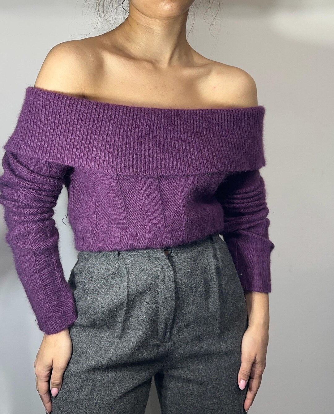 Vintage Purple Off-the-shoulder Fuzzy Angora Blend Sweater – Size