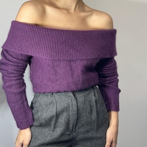 Vintage purple off-the-shoulder fuzzy angora blend sweater – size S-M