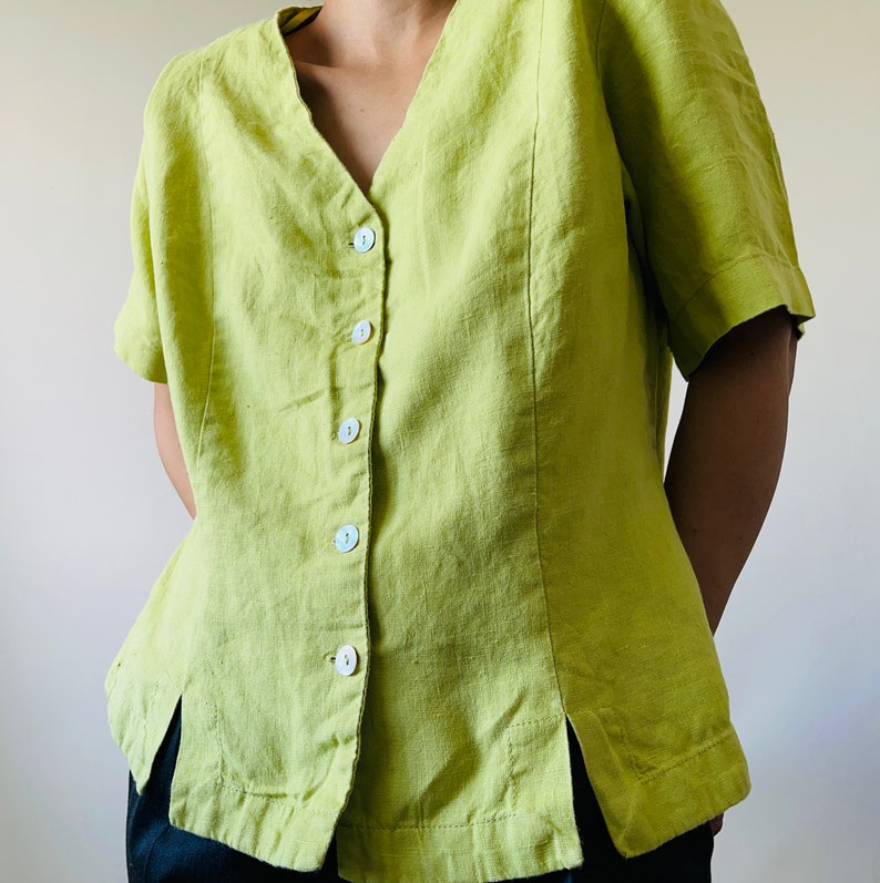 Vintage Pure Linen Button Down Lime Green Blouse Green Linen Etsy