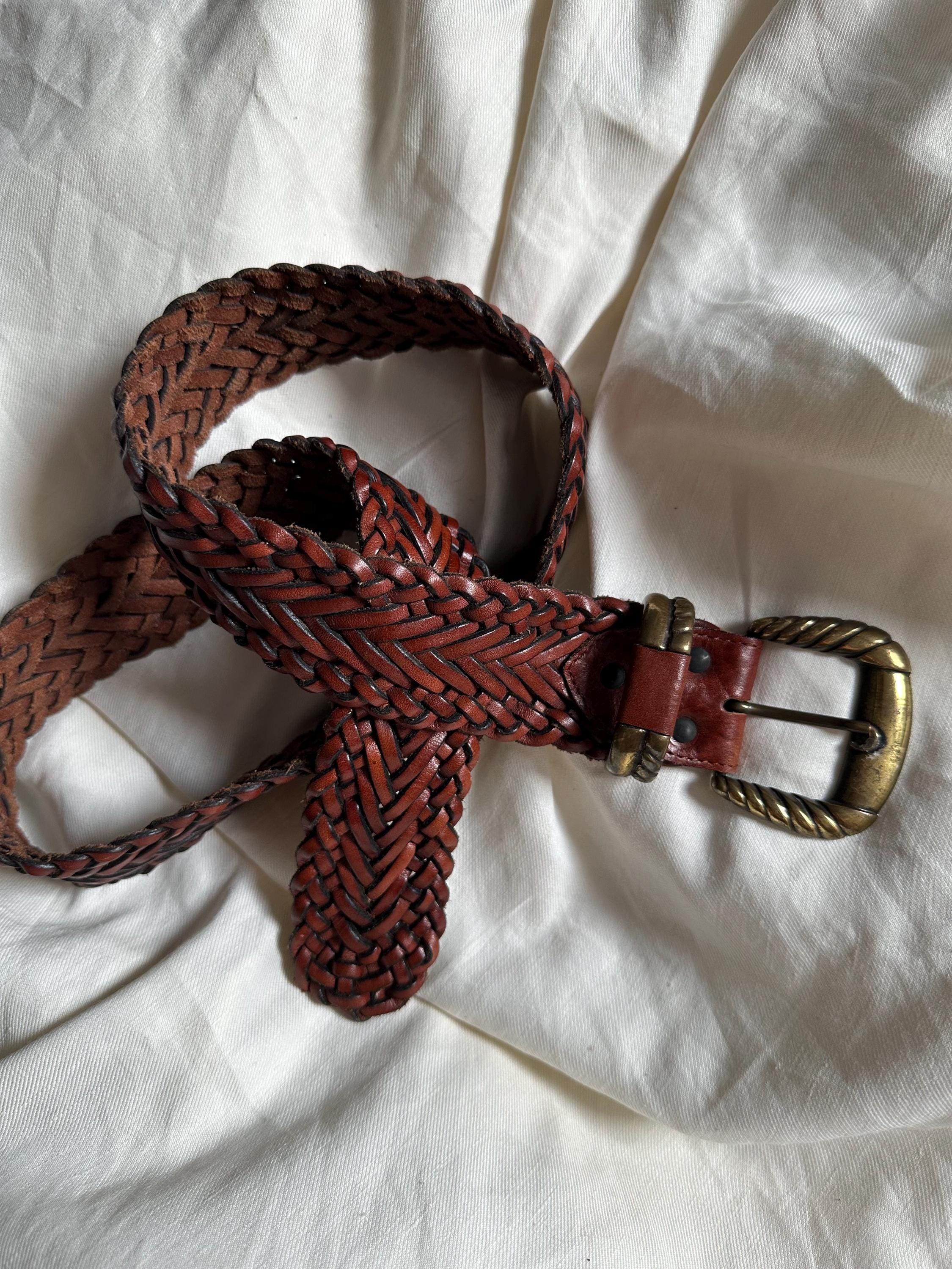 Vintage Bronze Tone Buckle Italian Leather Braid Tweed Belt 36.25\