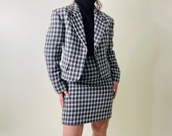 vintage wool mix suit, mini skirt, form fitted blazer, preppy style skirt set