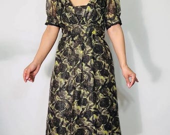 Vintage Floral Silk Blend Dress – XS – Romantic Empire Waist with Puff Sleeves