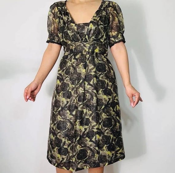 Vintage Floral Silk Blend Dress – XS – Romantic Empire Waist with Puff Sleeves