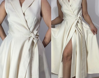 cotton textured wrap midi dress/ cream circle dress/ 50s style  dress/ timeless feminine dress/ sleeveless cram elegant dress/ wrap dress