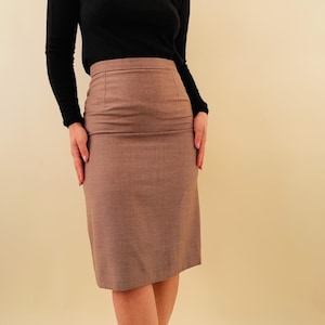 vintage wool small plaid brown pencil skirt, office skirt