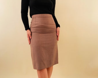vintage wool small plaid brown pencil skirt, office skirt