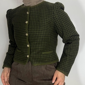 Vintage green wool cropped jacket – Austrian style blazer, alpine fitted jacket, structured puff shoulder blazer, heritage wool jacket/ xs