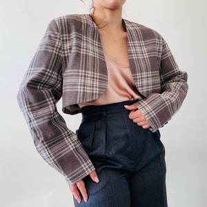 blazer court en laine à carreaux vintage - veste courte à carreaux preppy - taille S-M