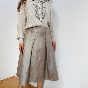 linen beige pleated midi skirt/ linen A line skirt