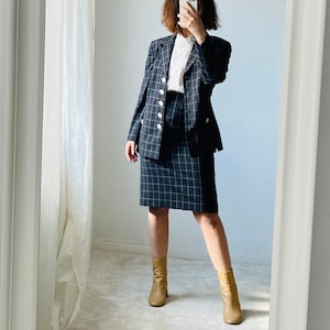 Vintage navy blue wool suit, women’s blazer and pencil skirt set, minimalist check pattern, size M