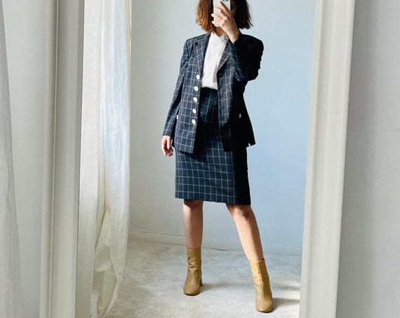 Vintage Navy Blue Wool Suit, Women's Blazer and Pencil Skirt Set