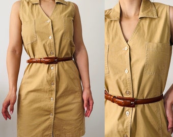 vintage linen mini dress, linen button up camel dress