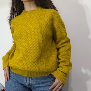 Fisherman-style wool and cashmere sweater – mustard yellow, fits M-L (tall-friendly)