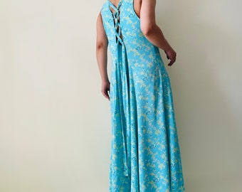 Vintage blue button down floral dress, summer maxi dress