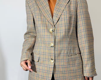 Blazer vintage de lana y seda a cuadros – chaqueta de sastre marrón a cuadros – estilo clásico masculino – talla M
