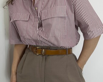 Vintage Burgundy Striped Cotton Shirt s-m | Minimalist Preppy Button Up