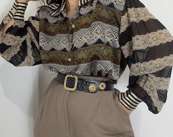 Vintage Escada by Margaretha Ley Silk Blouse M-L | Baroque Lace Print Shirt