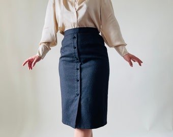vintage wool grey midi pencil skirt, wool office skirt
