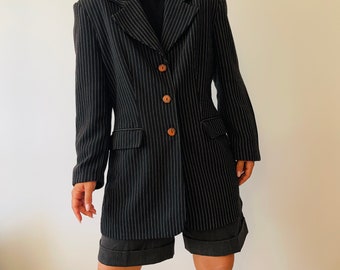 vintage black striped blazer, single breasted blazer