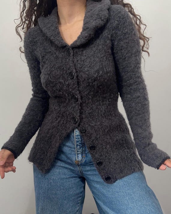 Vintage Charcoal Alpaca Wool Cardigan, Fuzzy Knit Sweater, Fitted Waist Button Up