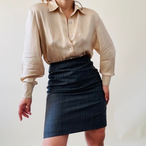 Vintage grey pinstripe wool mix pencil skirt – midi length, high-waisted, size S-M