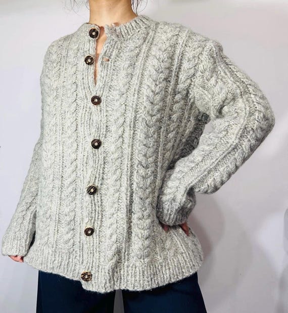 Punto Trenzado Sueter Largo Con Botones Cárdigan Vintage De Lana