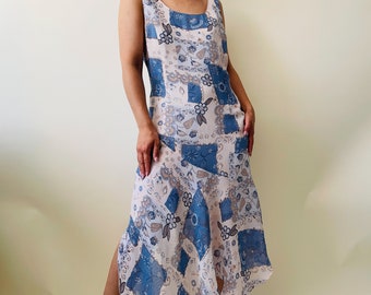 robe florale vintage asymétrique crème & bleu patchwork