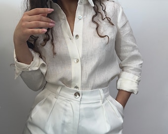 classic creamy white linen or silk  blouse / premium business shirt/ wardrobe essential cream blouse/ linen button up shirt/ silk blouse