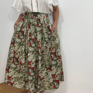 Falda plisada vintage con estampado floral verde / Falda midi de mezcla de lino / Talla M-L
