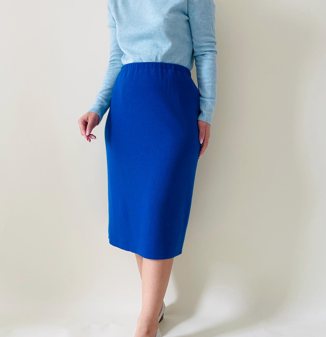 Vintage Electric Blue Knit Pencil Skirt Wool Blend Elastic Waist