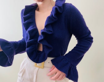vintage fuzzy angora purple sweater with ruffle details