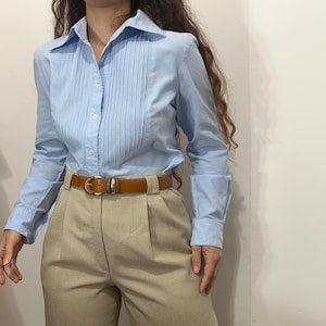 Vintage Light Blue Cotton Shirt – Pleated Front – Size S