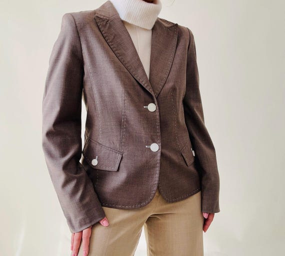 Vintage Brown Extrafine Wool Fitted Blazer, Minimalist Tailored - Main Image